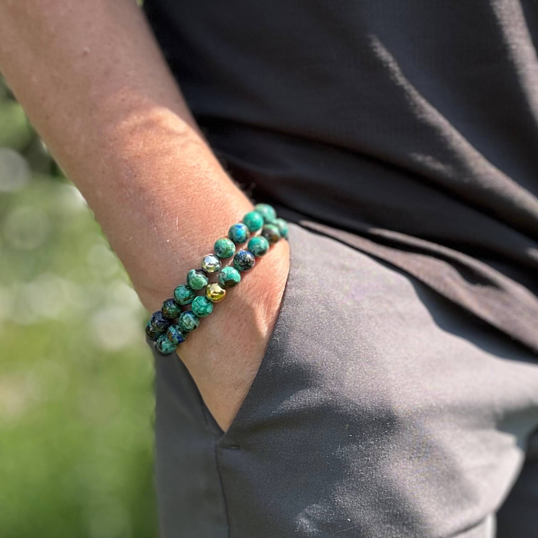 Azurit med Malakit krystal armbånd – klarhed, ro og indre styrke